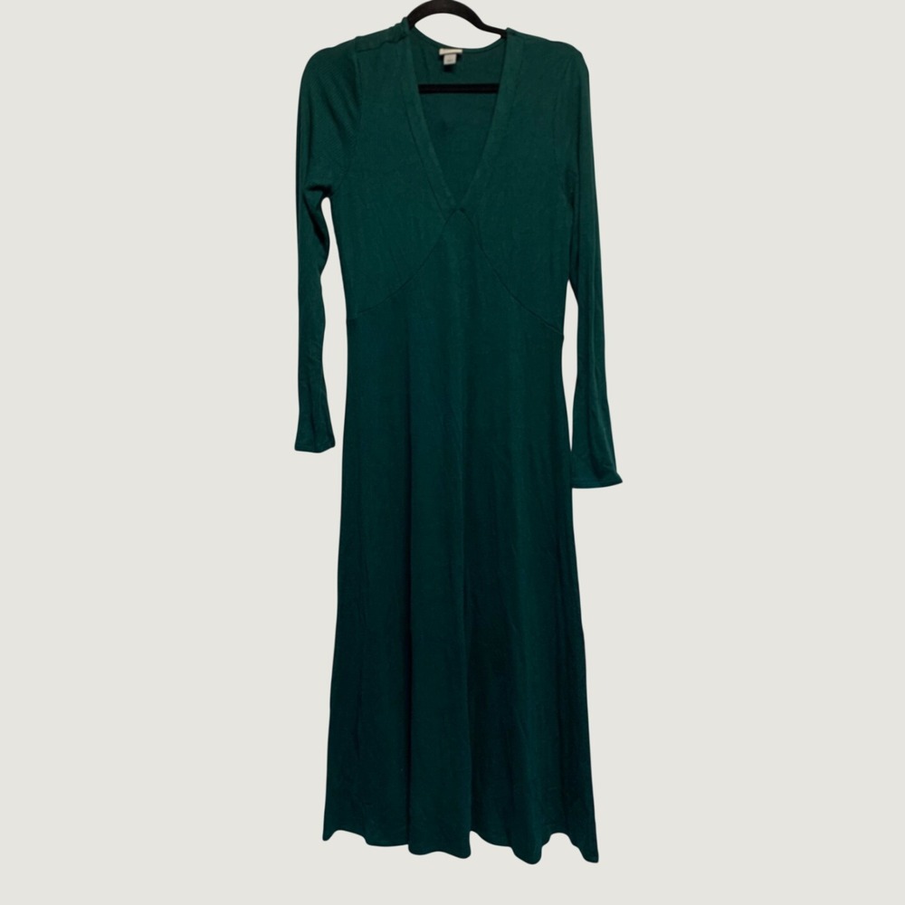 A New Day Maxi Dress Large Forest Green Ribbed V-Neck Long Sleeve Empire Waist